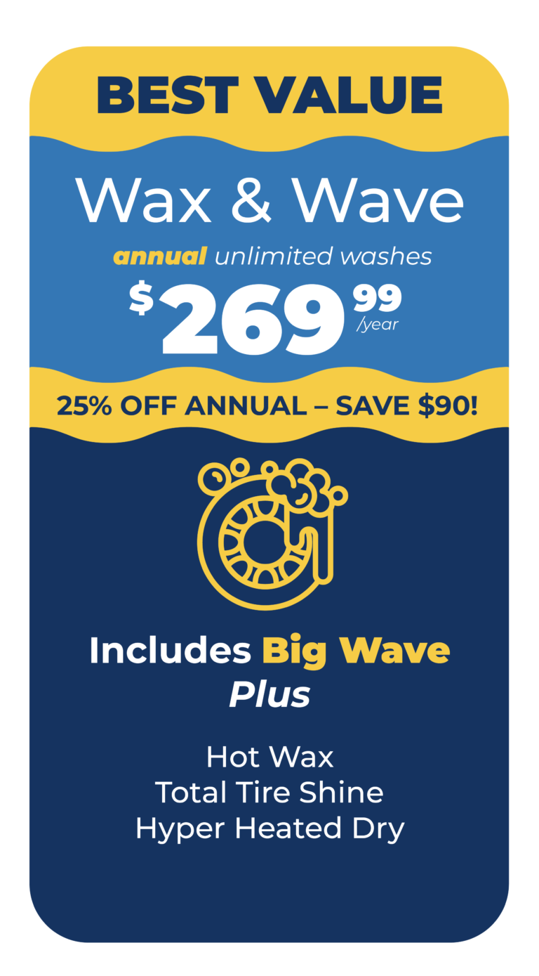 BEST VALUE! Wax & Wave Annual Package: Annual Unlimited Washes $269.99/Year. 25% Off Annual - Save $90! Includes Big Wave Plus: Hot Wax, Total Tire Shine & Hyper Heated Dry.